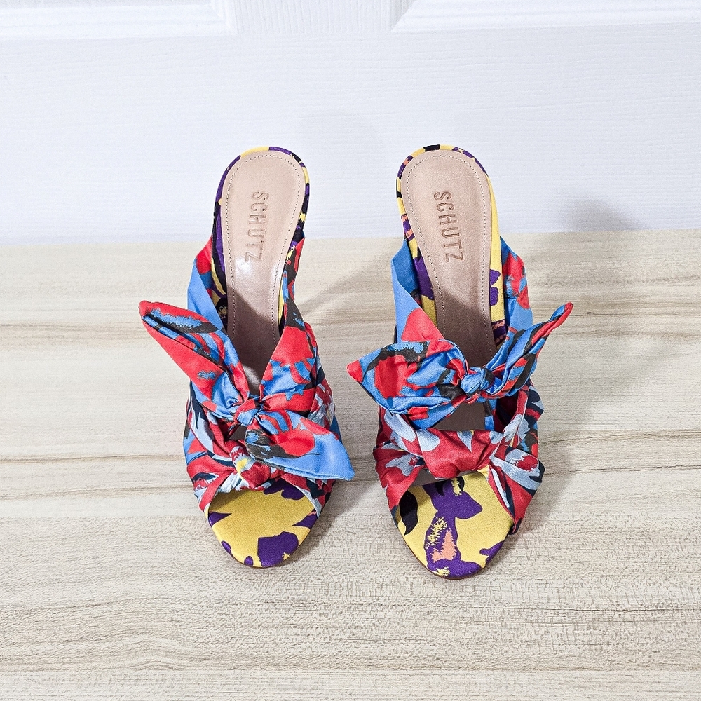 Schutz X Adriana Lima Floral Satin Twist Knot Mule Sandals Size 8 - Picture 3 of 10